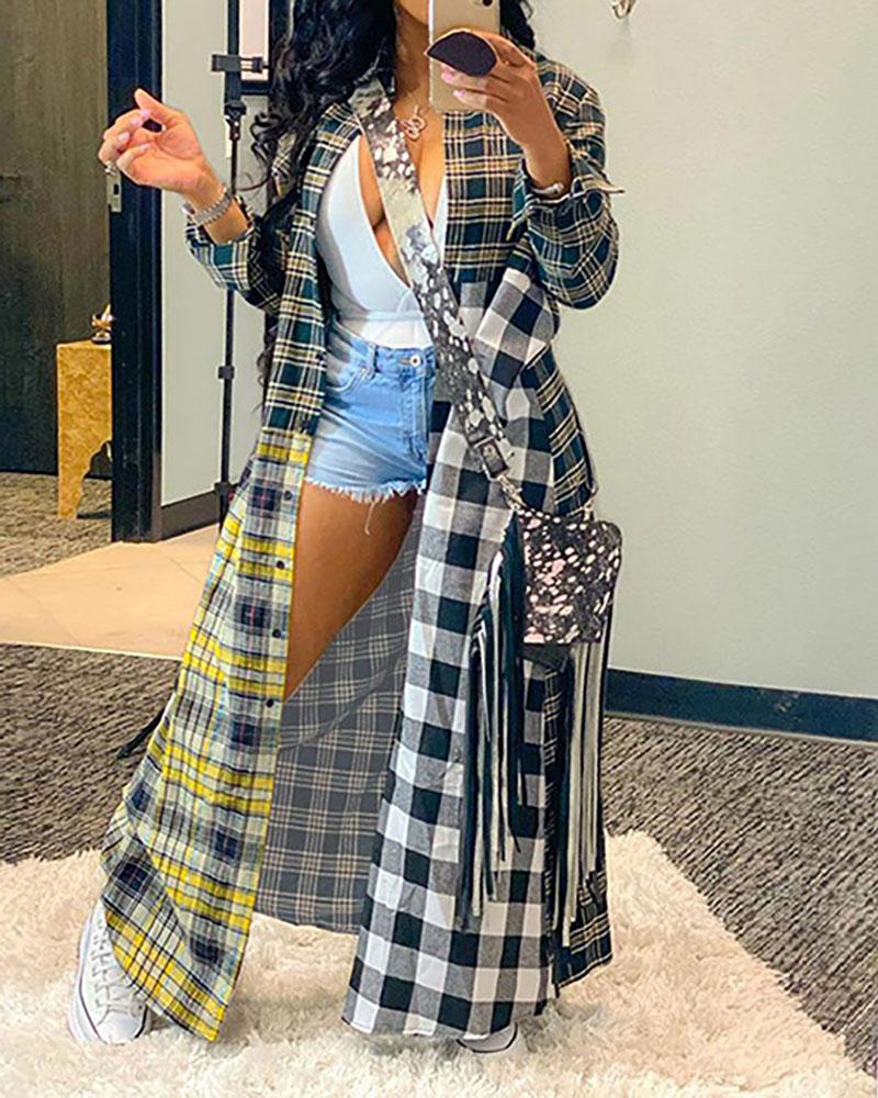 

Plaid Print Long Sleeve Longline Coat, Yellow