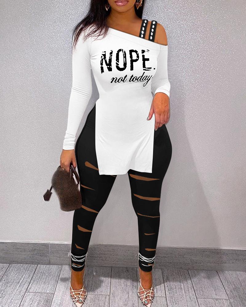 

Letter Print Cold Shoulder Top & Ladder Cutout Pants Set, Blackwhite