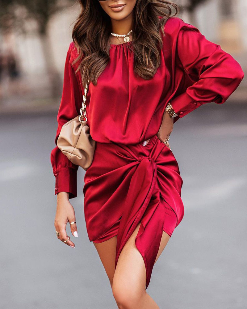 

Knot Front Long Sleeve Mini Satin Dress, Red