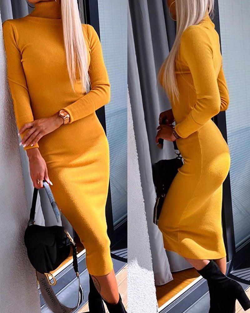 

High Neck Knit Long Sleeve Sweater Dress, Yellow