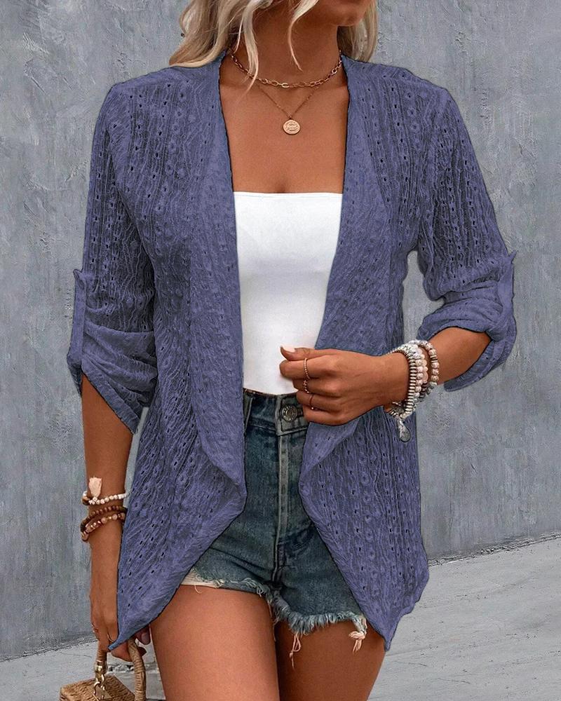 

Eyelet Embroidery Roll Up Sleeve Open Front Coat, Blue