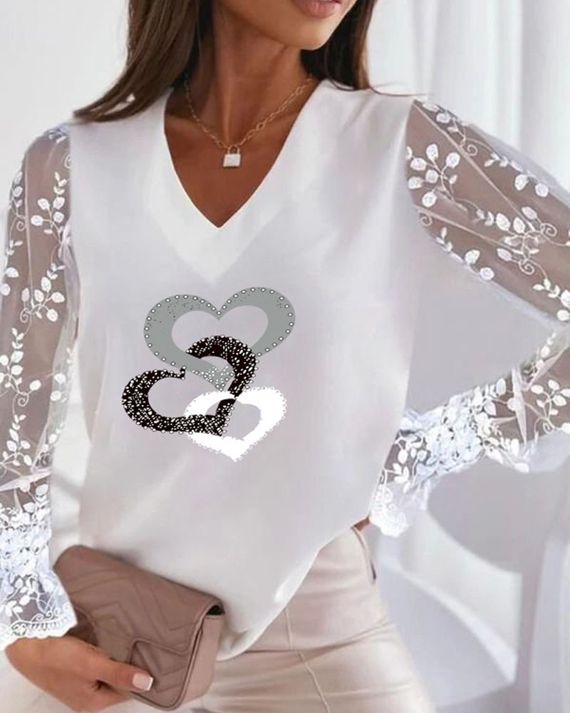 

Heart Print Contrast Lace Long Sleeve Top, White