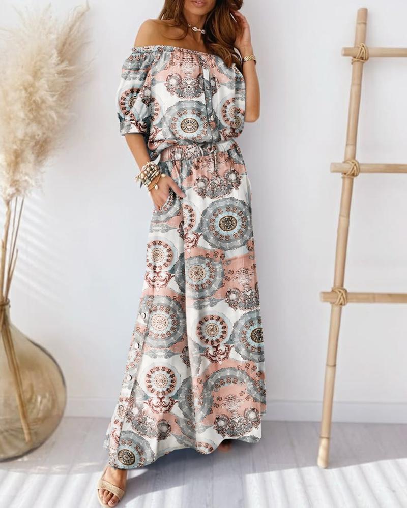 

Retro Print Off Shoulder Button Top & Maxi Skirt Sets, Multicolor