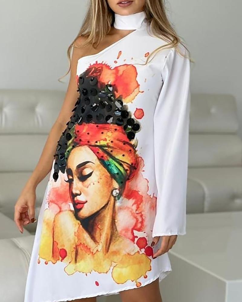 

Cold Shoulder Sequins Figure Print Dress, White