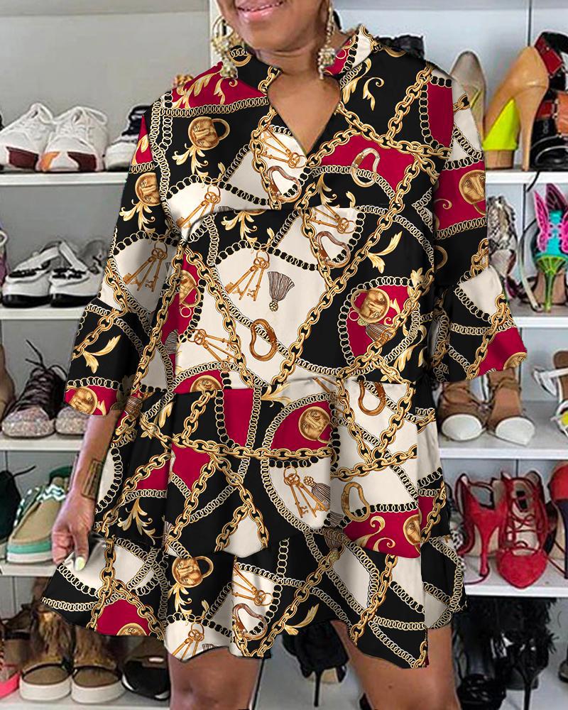 

Plus Size Scarf Chain Print Bell Sleeve Casual Dress, Black