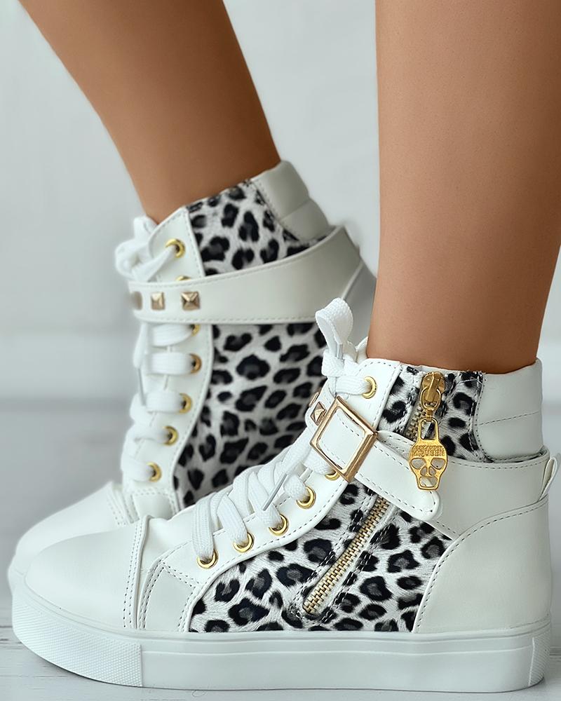 

Eyelet Lace-up Studded High Top Canvas Shoes, Leopard