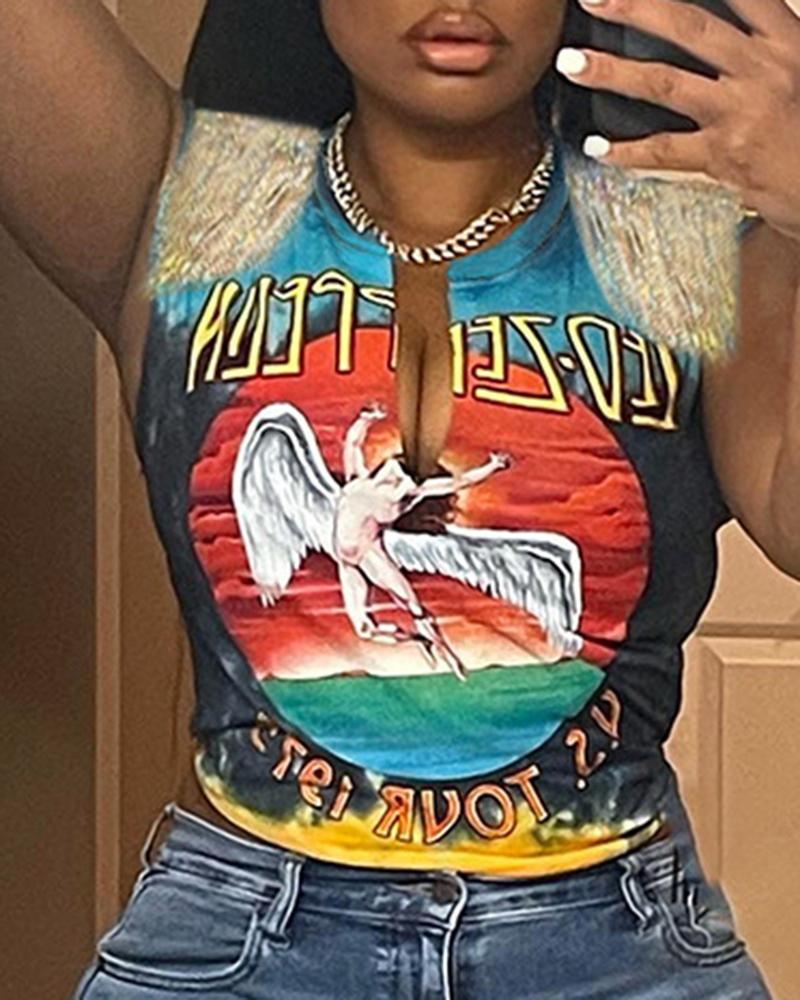 

Graphic Letter Print Sleeveless Tank Top, Blue