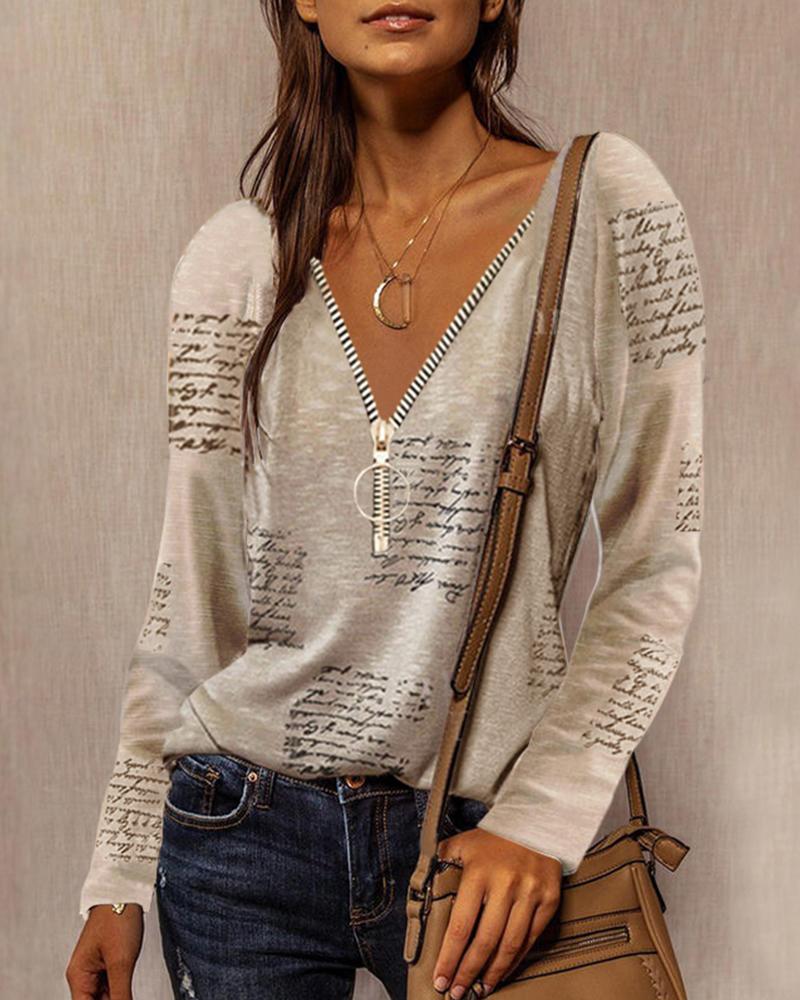 

Letter Print Zipper V-Neck Long Sleeve Top, Khaki