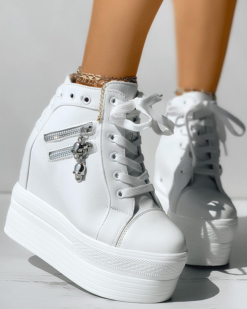 

Eyelet Lace-up Zipper Design Platform Sneakers, White