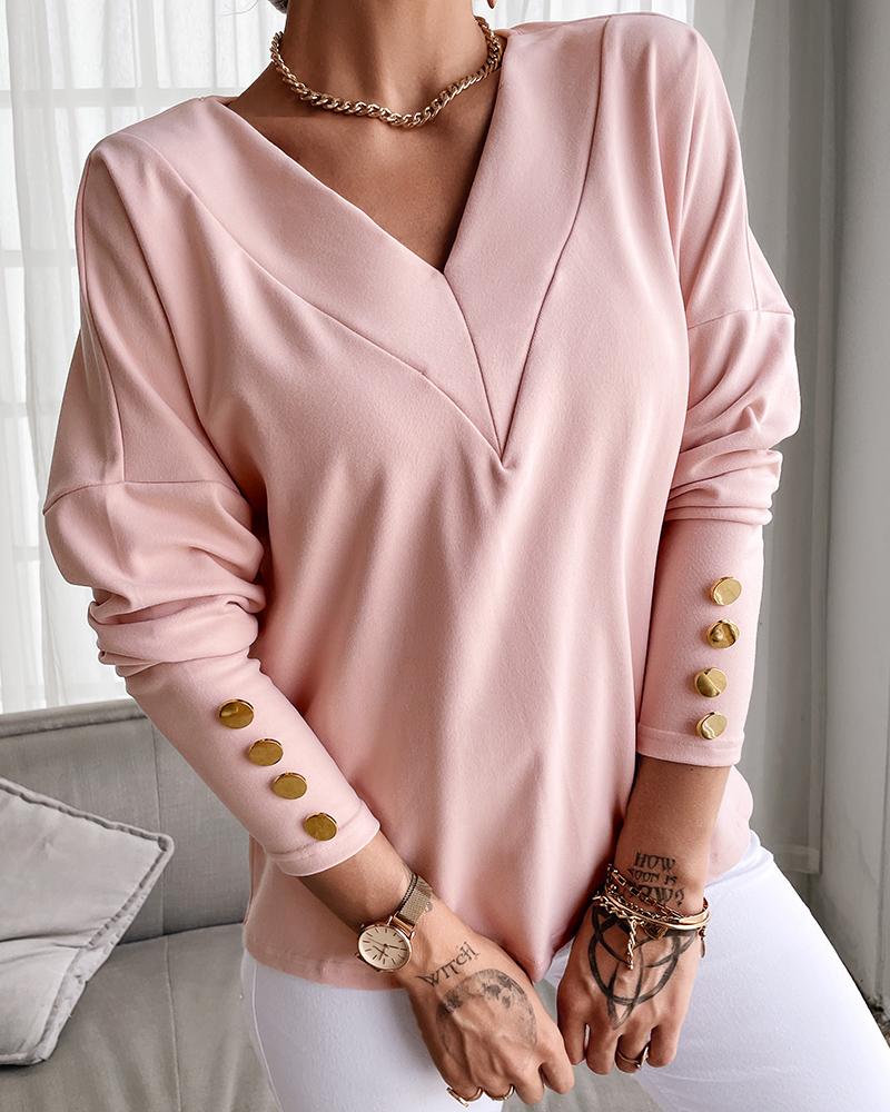 

Solid Metal Buttoned Detail Casual Sweatshirt, Pink