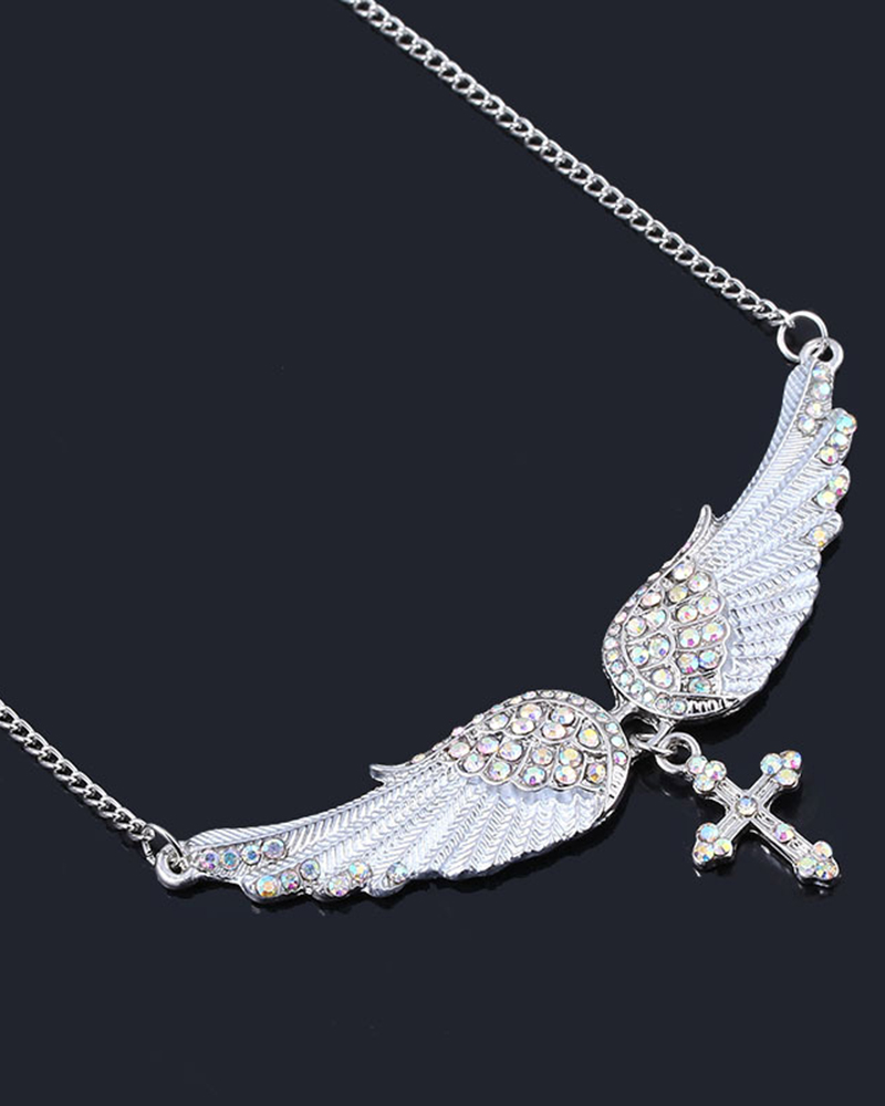 

1pc Angel Wings Cross-Shaped Rhinestone Pendant Necklace, White