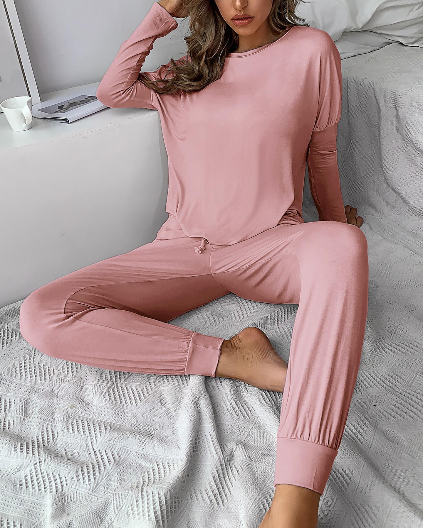 

Solid Long Sleeve Top & Drawstring Casual Pants Set, Pink