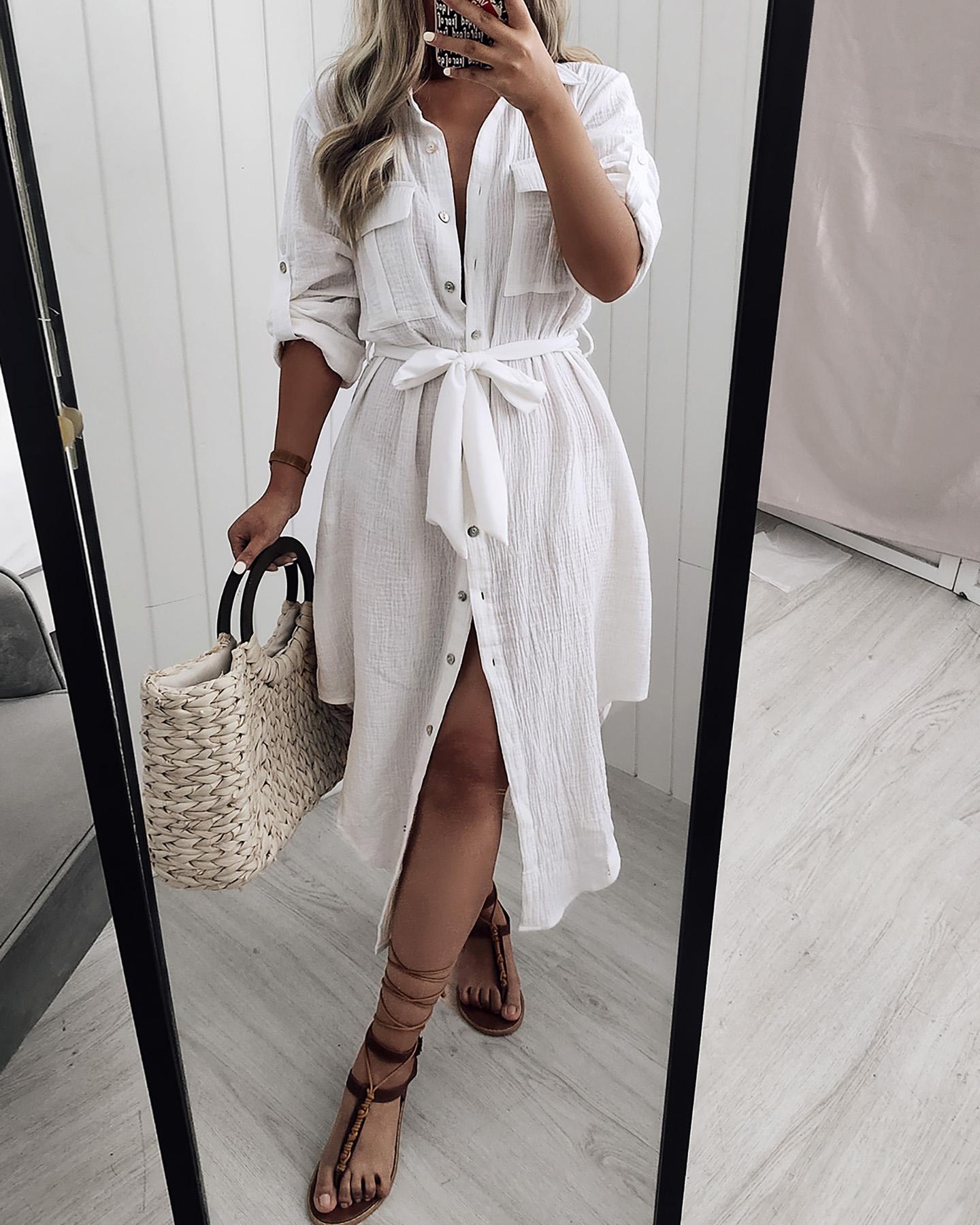 

Button Design Short Sleeve Shirt Dress, White