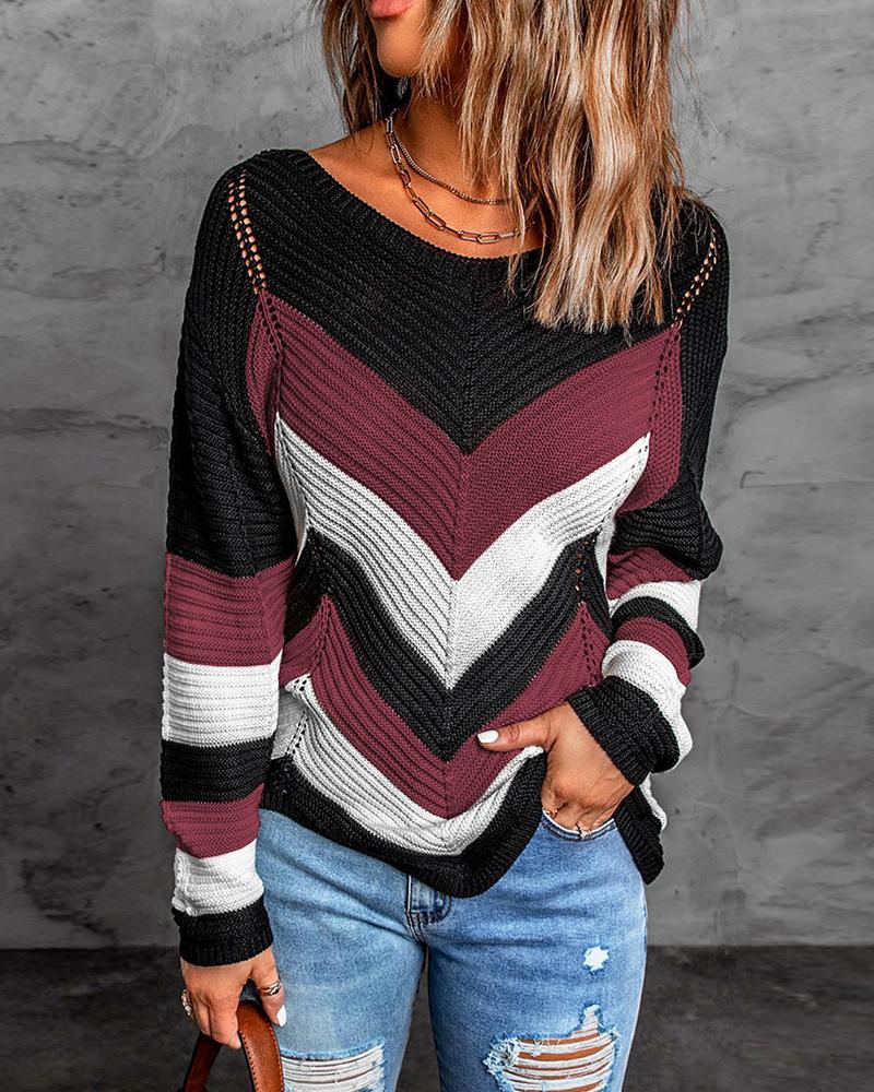 

Colorblock Chevron Pattern Long Sleeve Sweater, Wine red