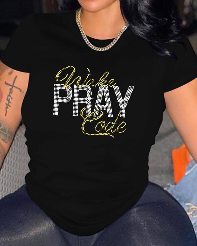 

O-Neck Rhinestone Letter Pattern T-shirt, Black