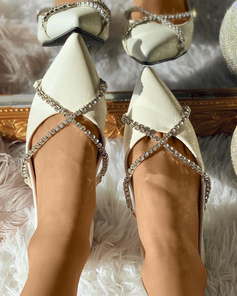 

Rhinestone Strap Pointed Toe Slip On Shoes, Beige