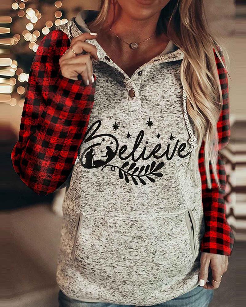 

Christmas Letter Plaid Print Pocket Design Hoodie, Style2