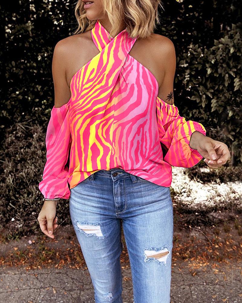 

Zebra Stripe Print Crisscross Cold Shoulder Top, Hot pink