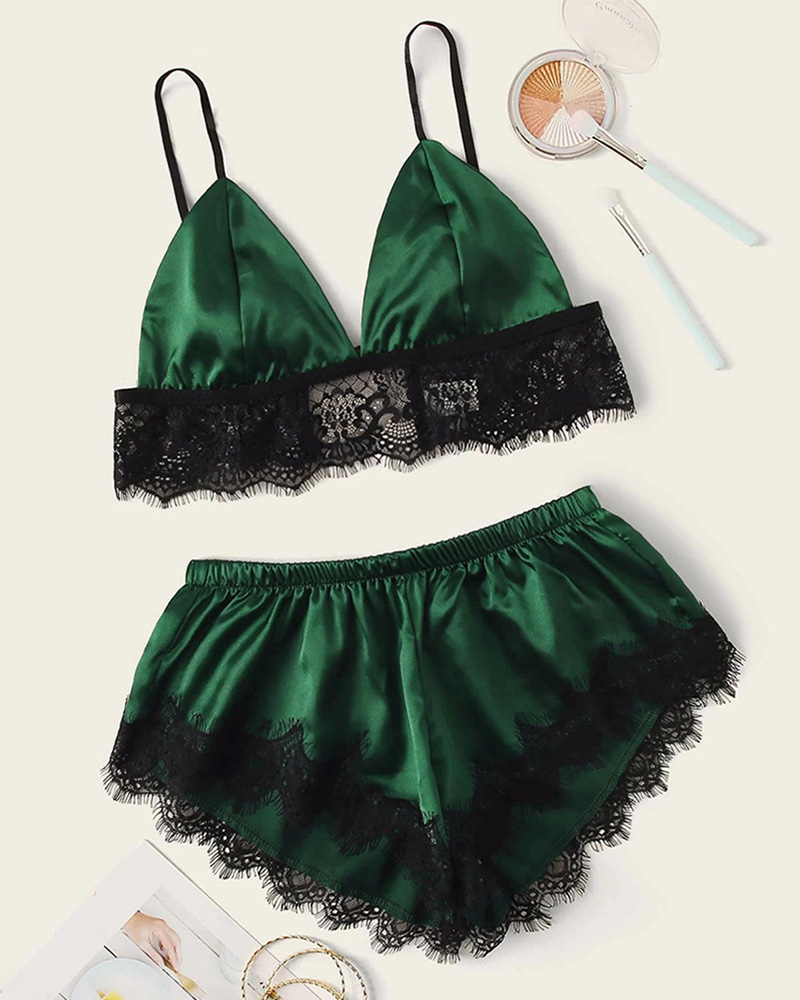 

Eyelash Lace Satin Cami Set, Green