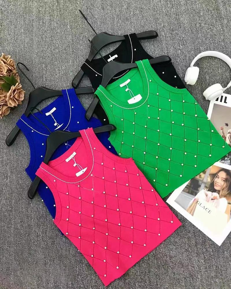 

Argyle Pattern Rhinestone Decor Knit Tank Top, Hot pink