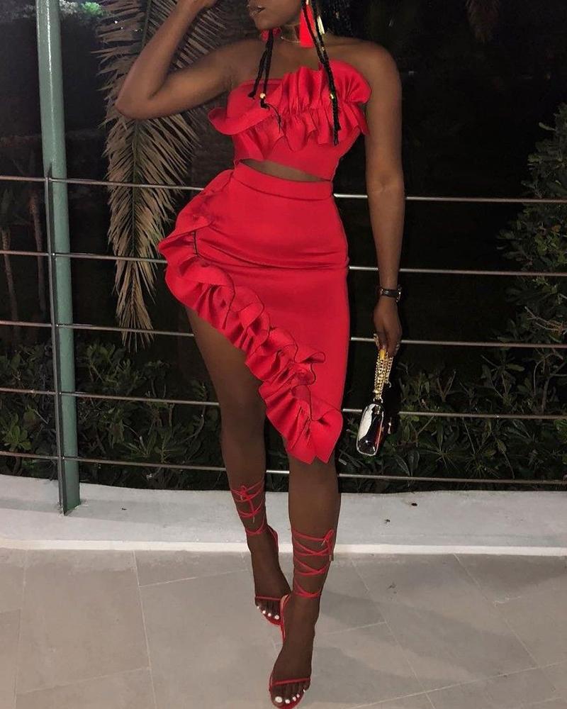 

Bandeau Ruffles Crop Top & Asymmetrical Skirt Set, Red