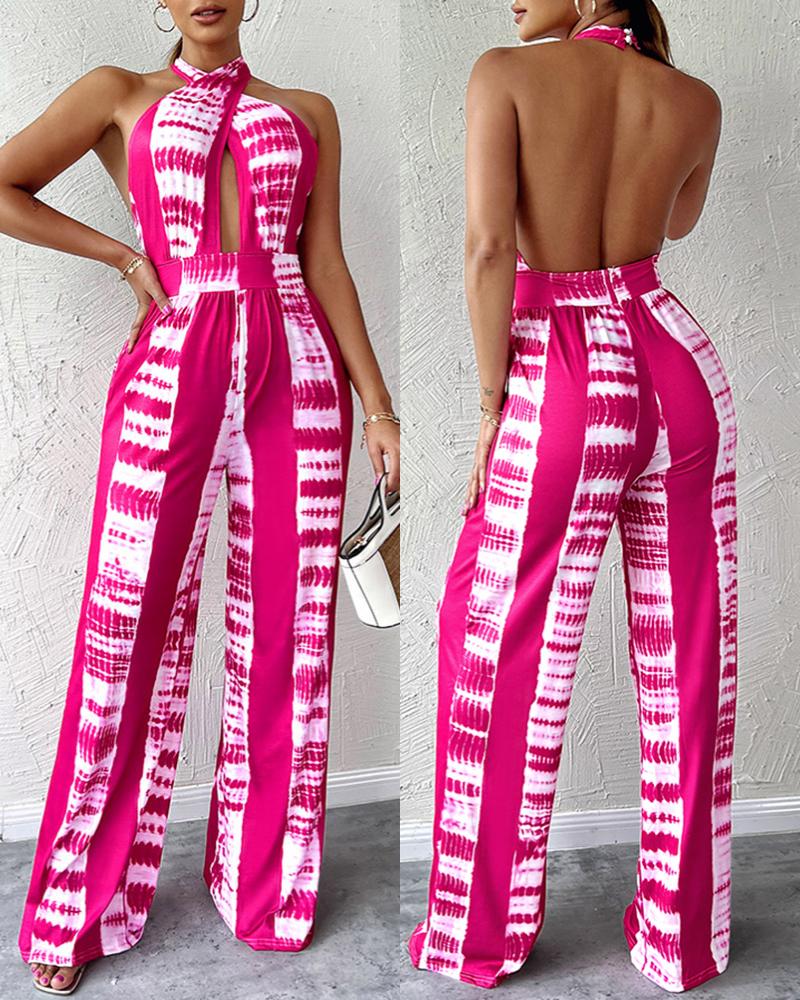 

Tie Dye Print Halter Backless High Waist Wide Leg Jumpsuit, Hot pink