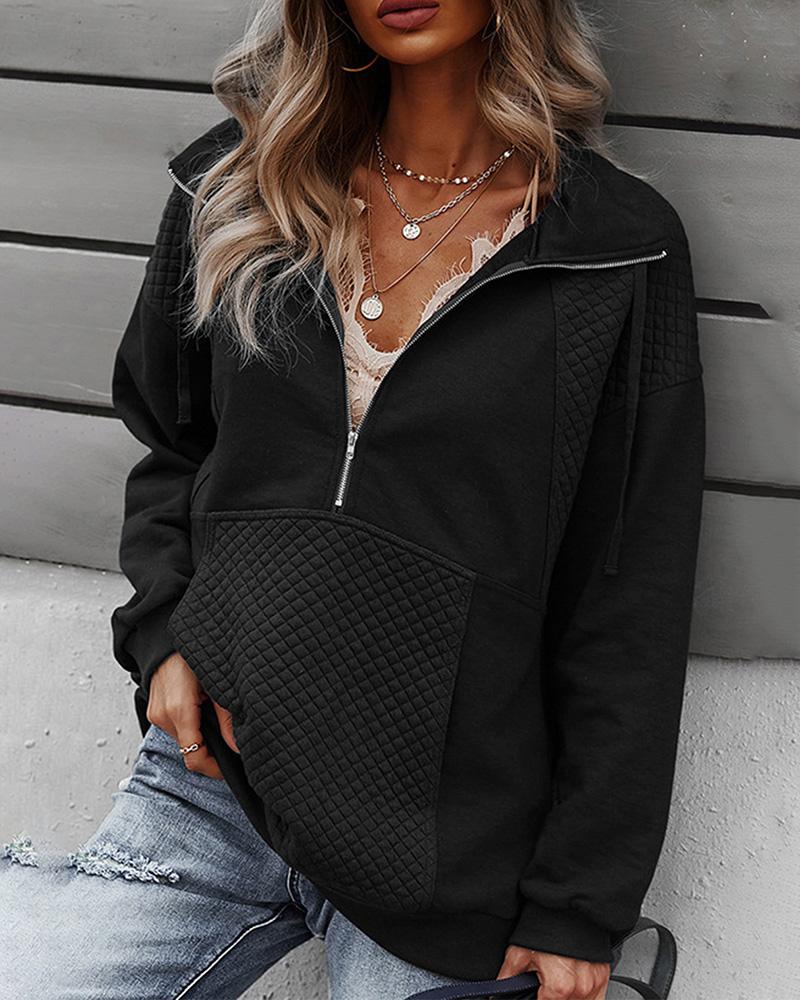 

High Neck Zipper Front Lantern Sleeve Sweatshirt, Black