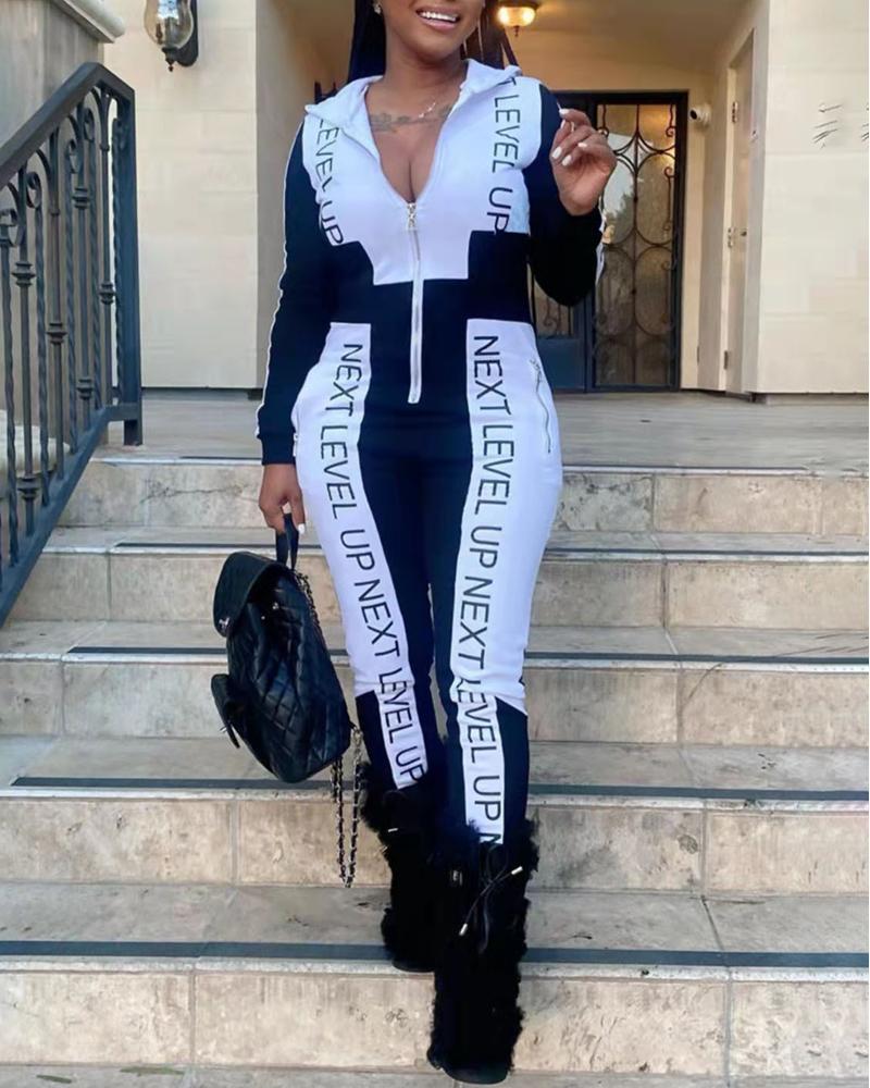 

Colorblock Letter Print Hooded Zipper Design Jumpsuit, White