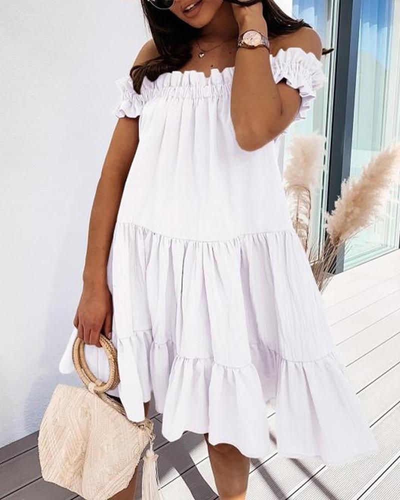 

Off Shoulder Frill Hem Flowy Swing Dress, White