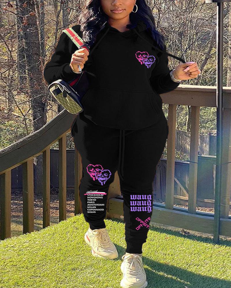 

Plus Size Letter Heart Print Casual Hoodie & Pants Set, Black