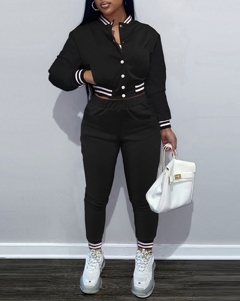 

Striped Trim Snap Button Bomber Jacket & Pants Set, Black