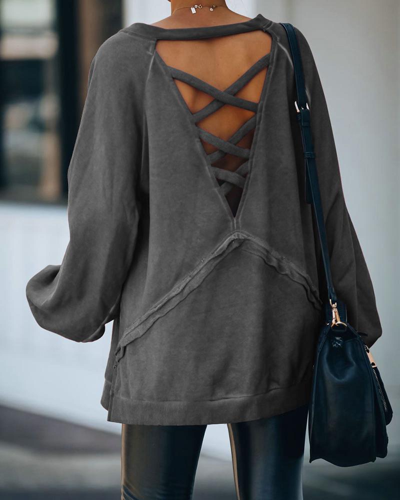 

Backless Plain Long Sleeve Casual Sweatshirt, Dark grey
