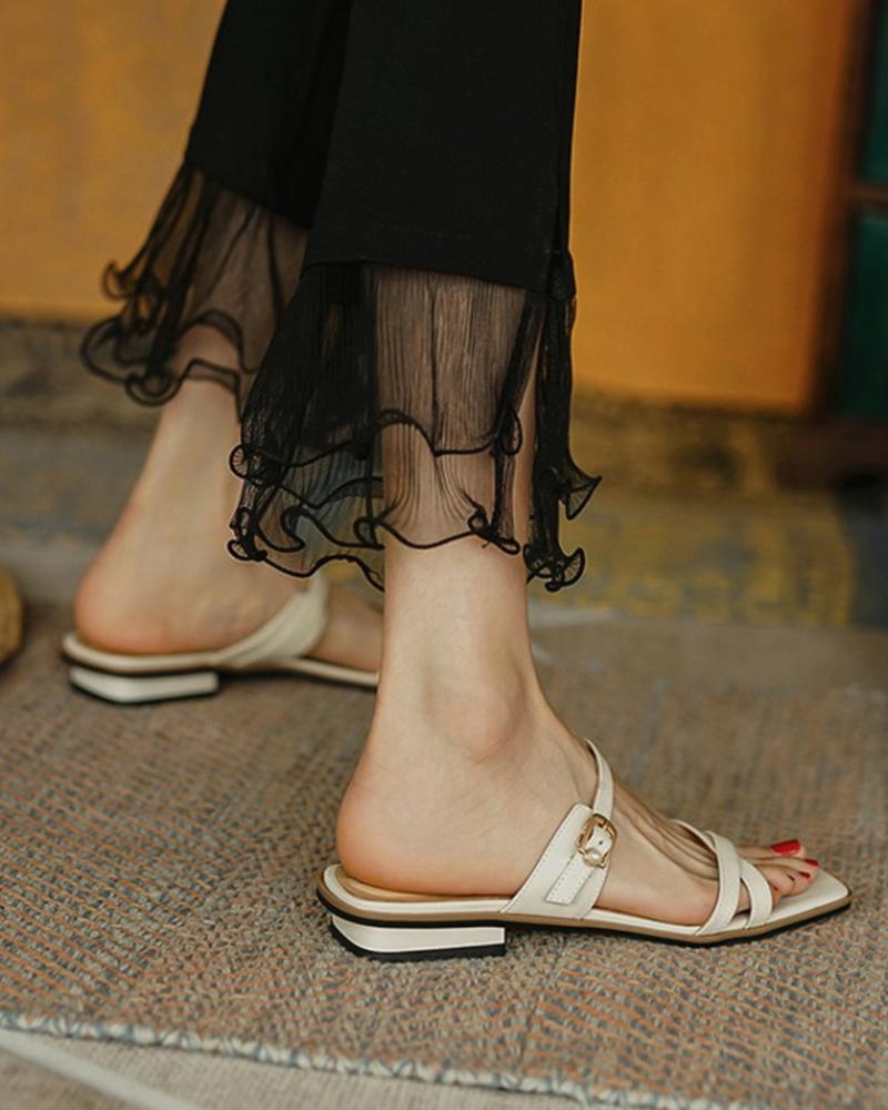 

Square-toe Solid Color Splicing Buckle Cross Strap Flat Slippers, White