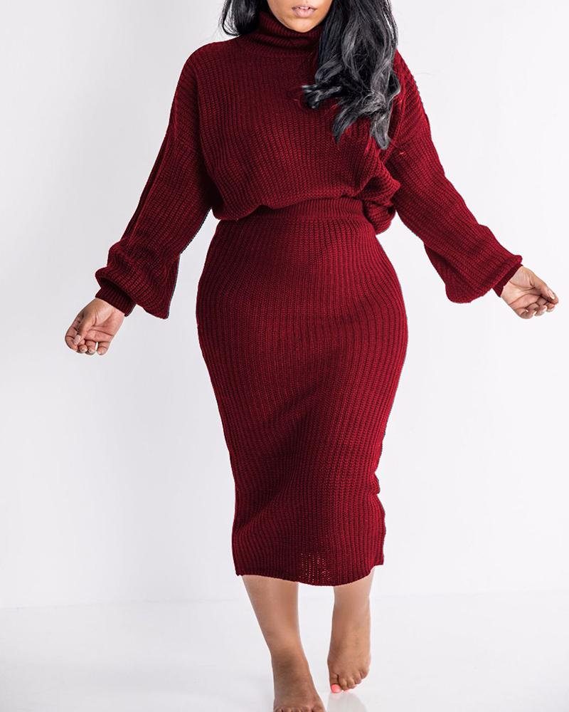 

Lantern Sleeve High Neck Sweater & Skirt Set, Red
