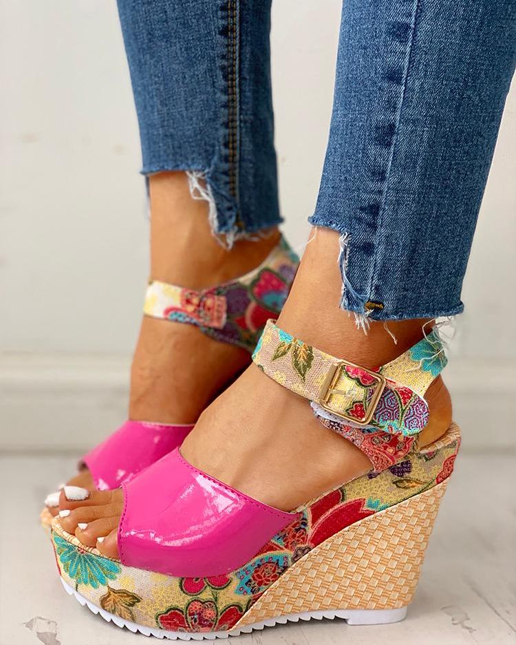 

Floral Peep-toe Platform Wedge Sandals, Red