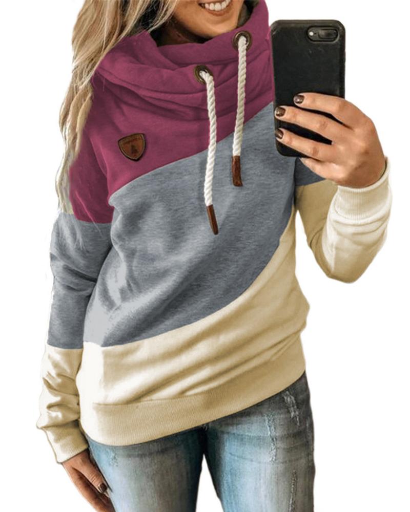 

Long Sleeve Colorblock Hooded Sweatshirt Casual Hooded Pullover Loose Sweatshirt, Hot pink