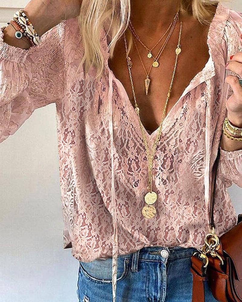 

Florla Lace Long Sleeve V-Neck Top, Pink