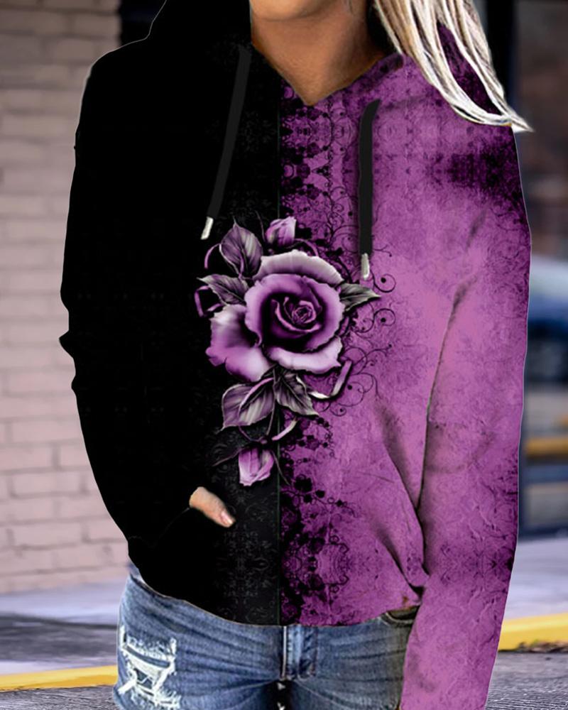 

Plus Size Floral Print Colorblock Long Sleeve Hoodie, Purple