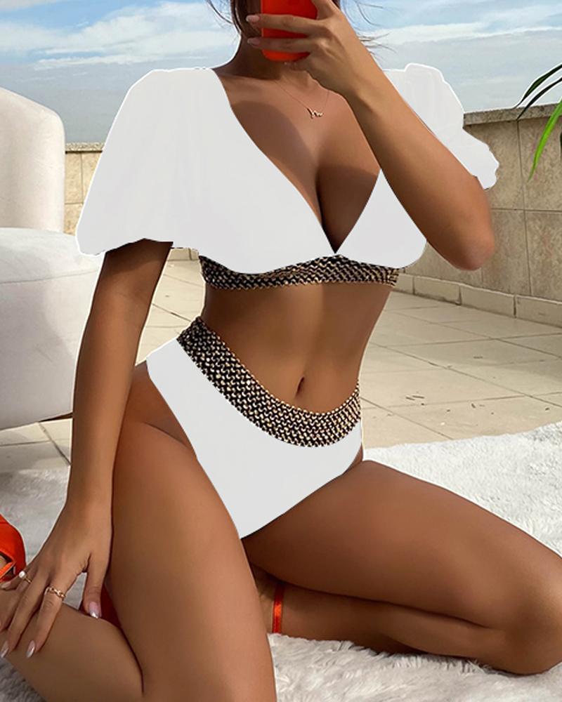 

Contrast Paneled Puff Sleeve High Waist Tankini Set, White