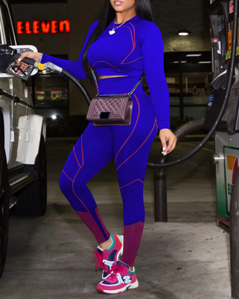 

Contrast Paneled Crop Top & High Waist Leggings Set, Blue
