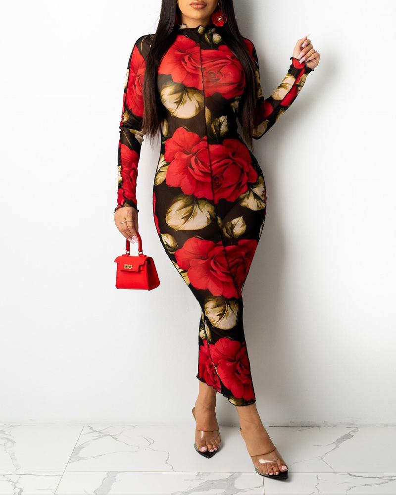

Floral Print Long Sleeve Sheer Mesh Bodycon Dress, Red