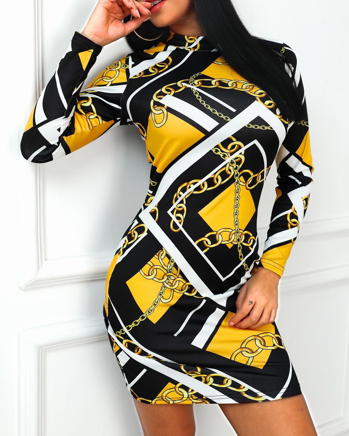 

Geo & Chains Long Sleeve Bodycon Dress, Gold