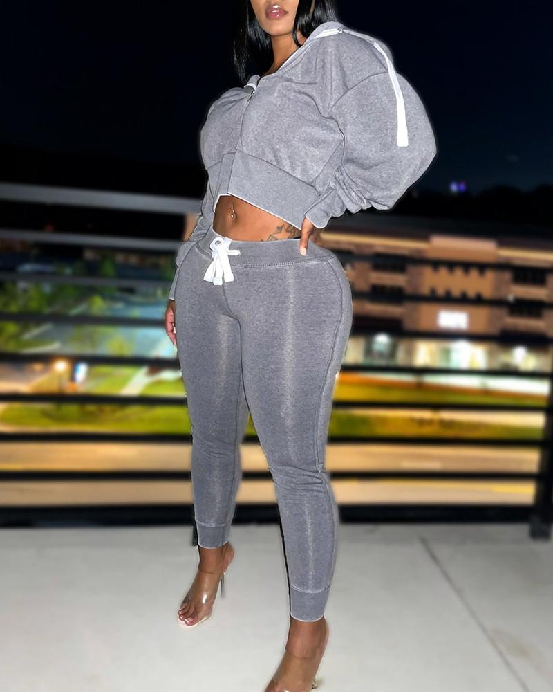 

Zip Front Hooded Crop Top & Drawstring Pocket Pant Set, Gray