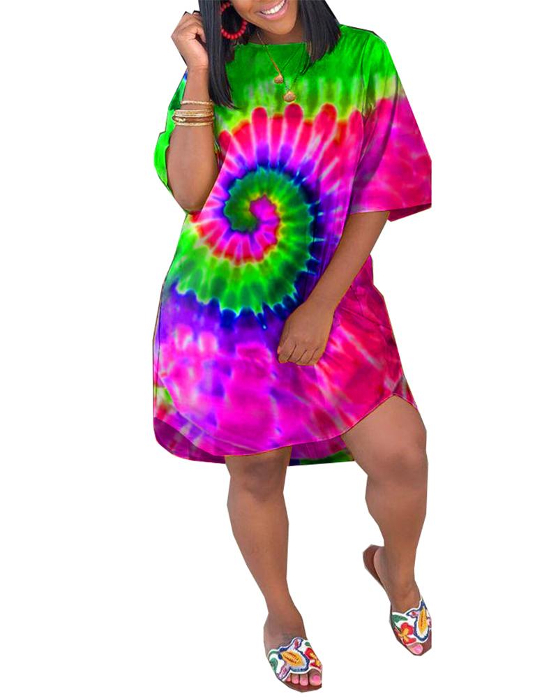 

Tie Dye Print Pocket Decor Casual Dress, Green