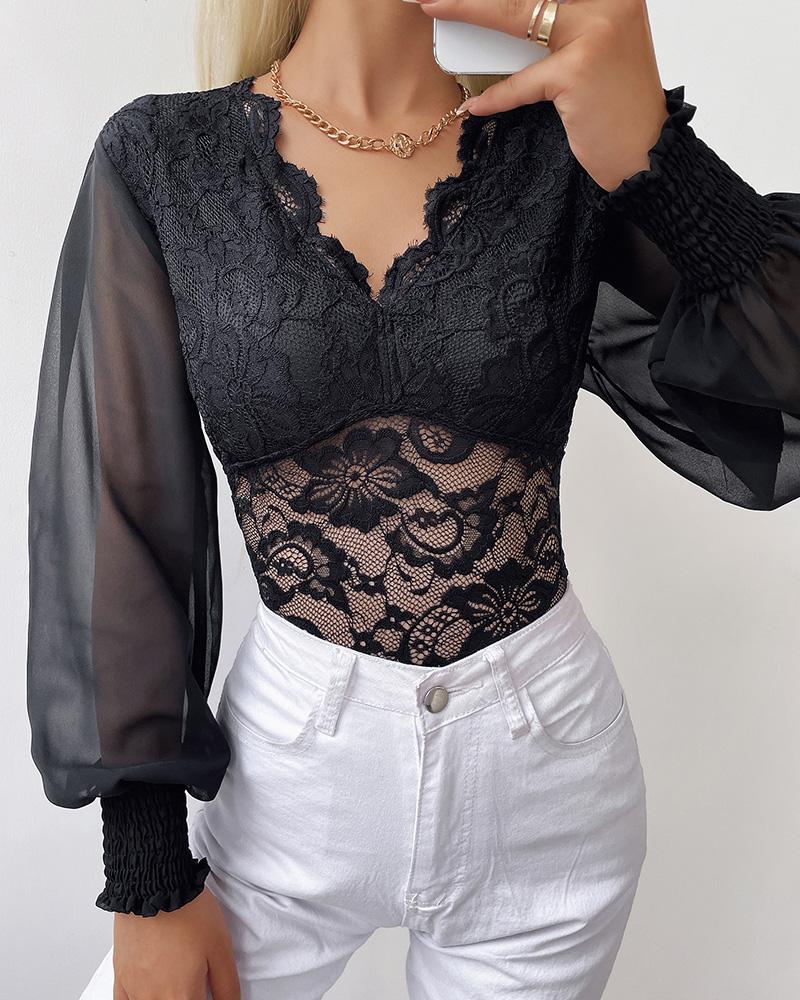 

Crochet Lace Lantern Sleeve Shirred Top, Black