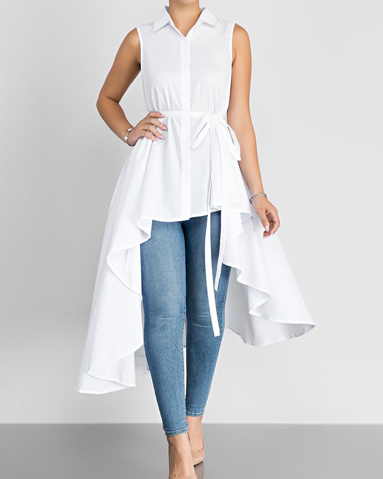 

White Asymmetric Frills High-Low Belted Casual Blouse