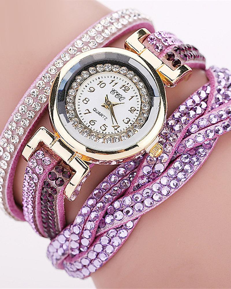 

1pc Allover Rhinestone Braided Bangle Quartz Watch, Purple