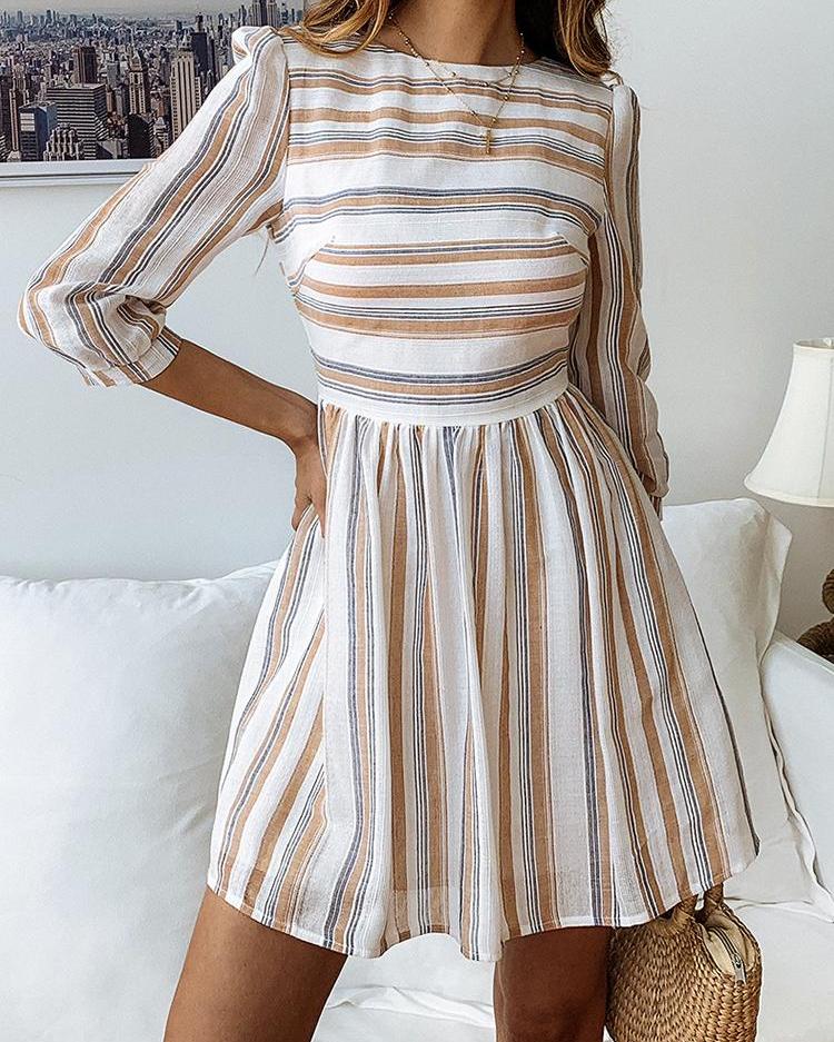 

Round Neck Striped Casual Dress, Yellow