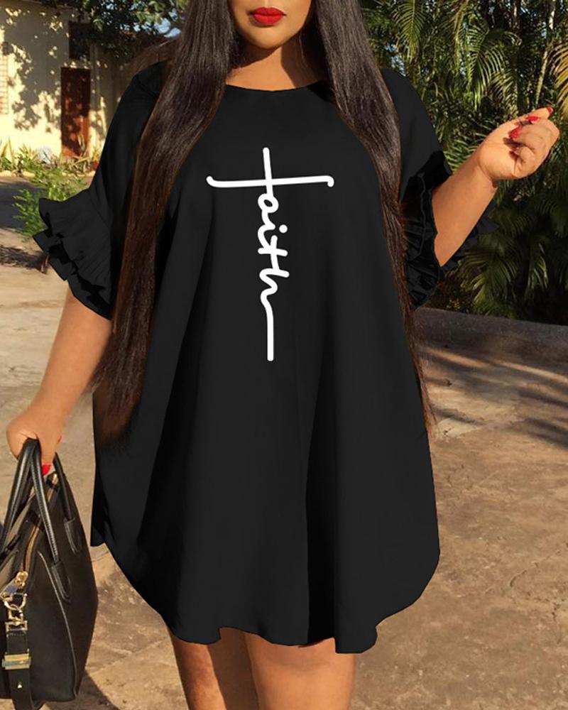 

Plus Size Letter Print Bell Sleeve Curved Hem Casual Dress, Black