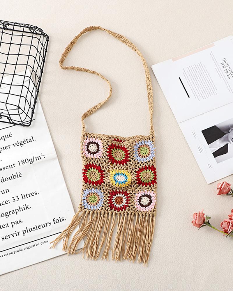 

Geometric Pattern Tassel Design Crochet Shoulder Bag, Khaki